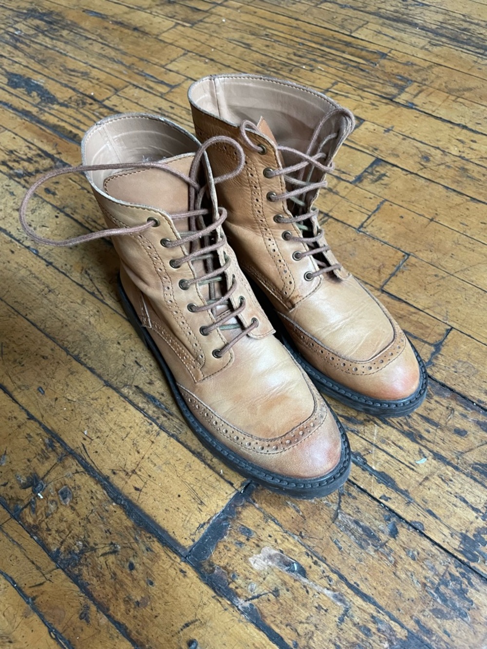 Zara Women's Tan Leather Lace-Up Brogue Ankle Boots